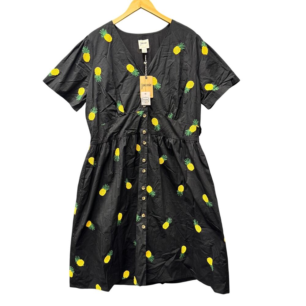 Joanie Pineapple‎ Dress Womens 16 Organic Cotton Black Embroidered + Pockets NEW